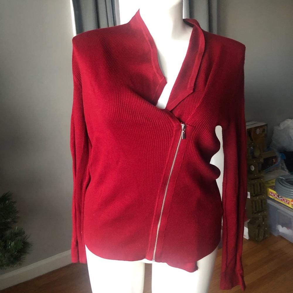 Red foldover zip sweater
